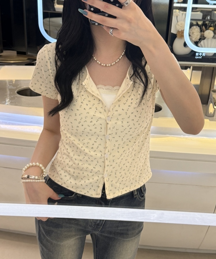 フラワーパターン半袖カーディガン YELLOW