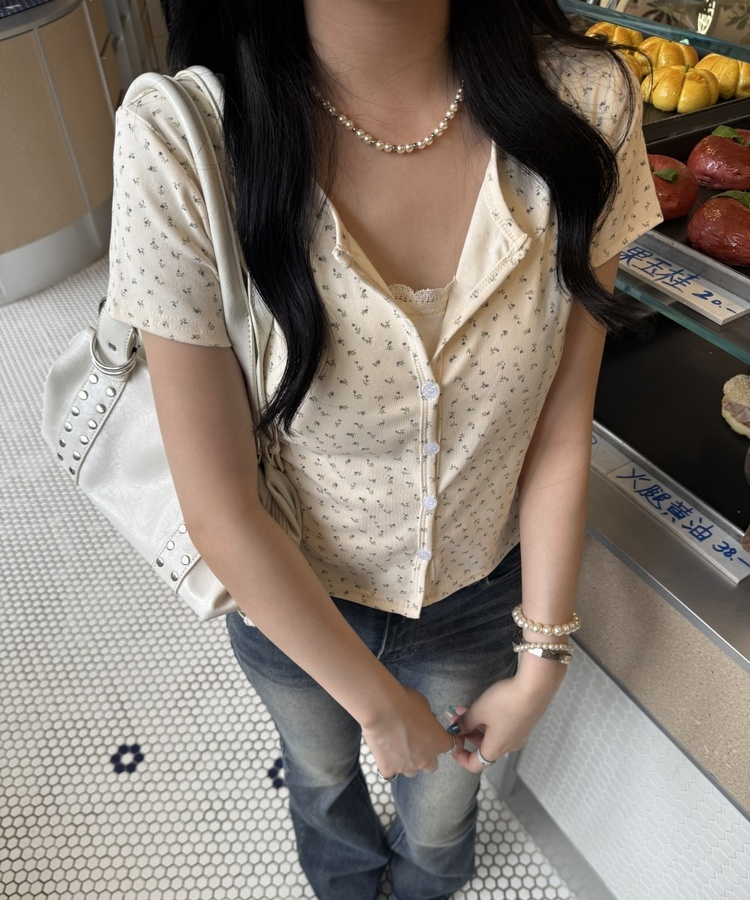 フラワーパターン半袖カーディガン YELLOW