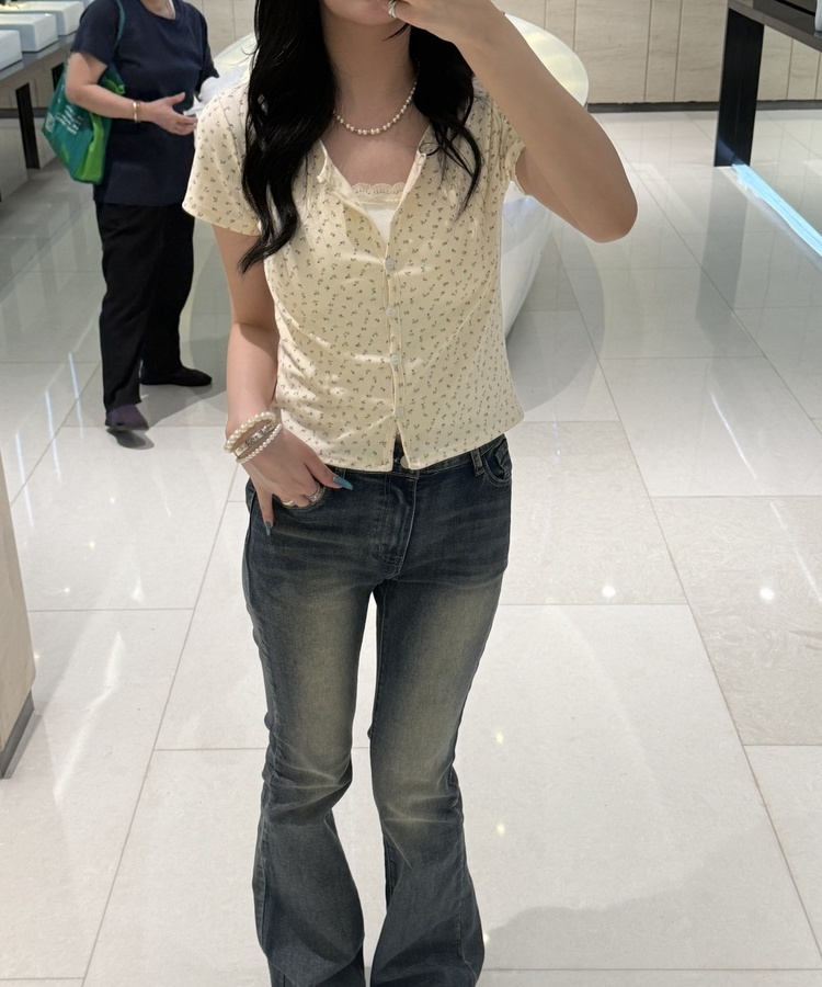 フラワーパターン半袖カーディガン YELLOW