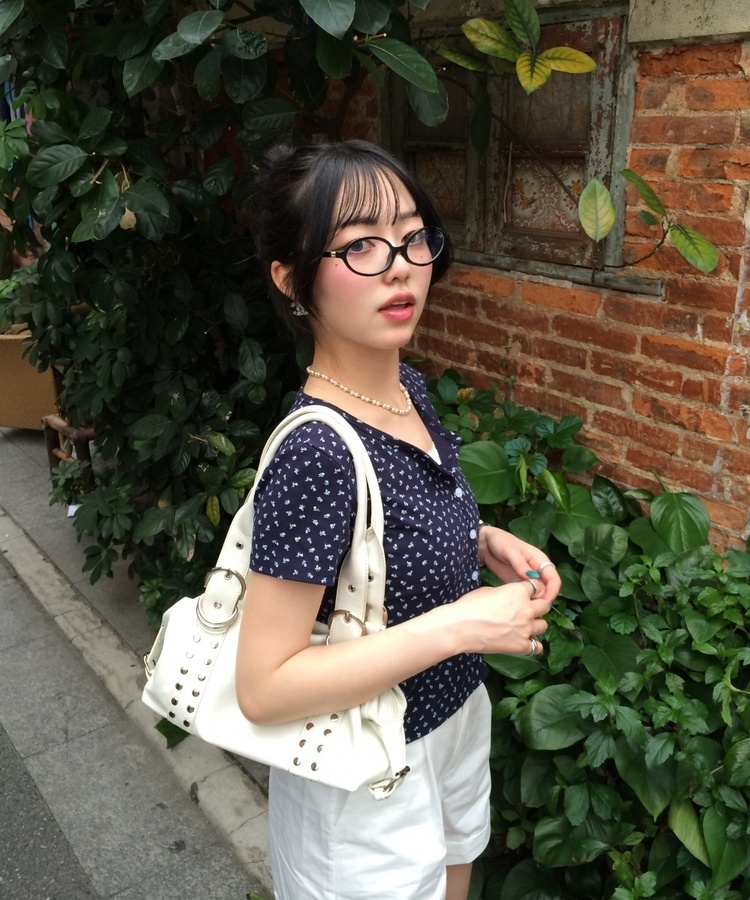 フラワーパターン半袖カーディガン NAVY