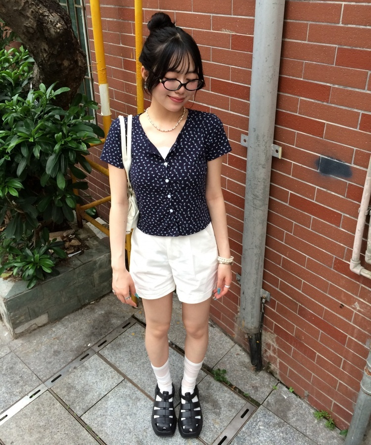 フラワーパターン半袖カーディガン NAVY