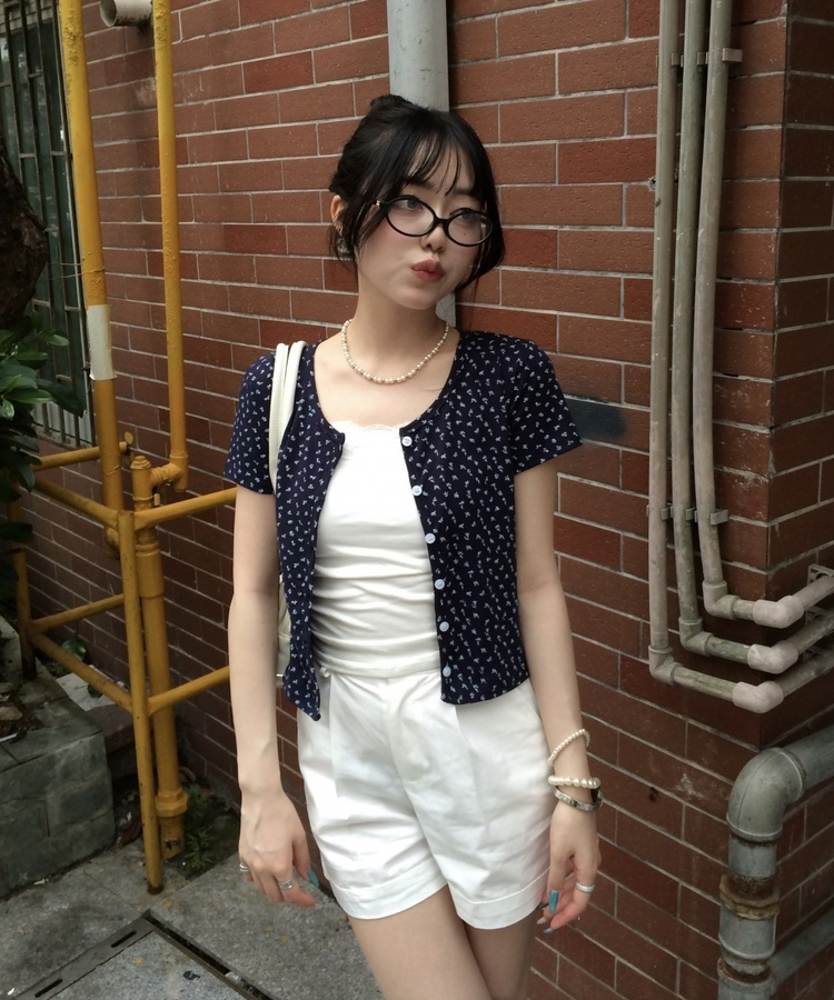 フラワーパターン半袖カーディガン NAVY