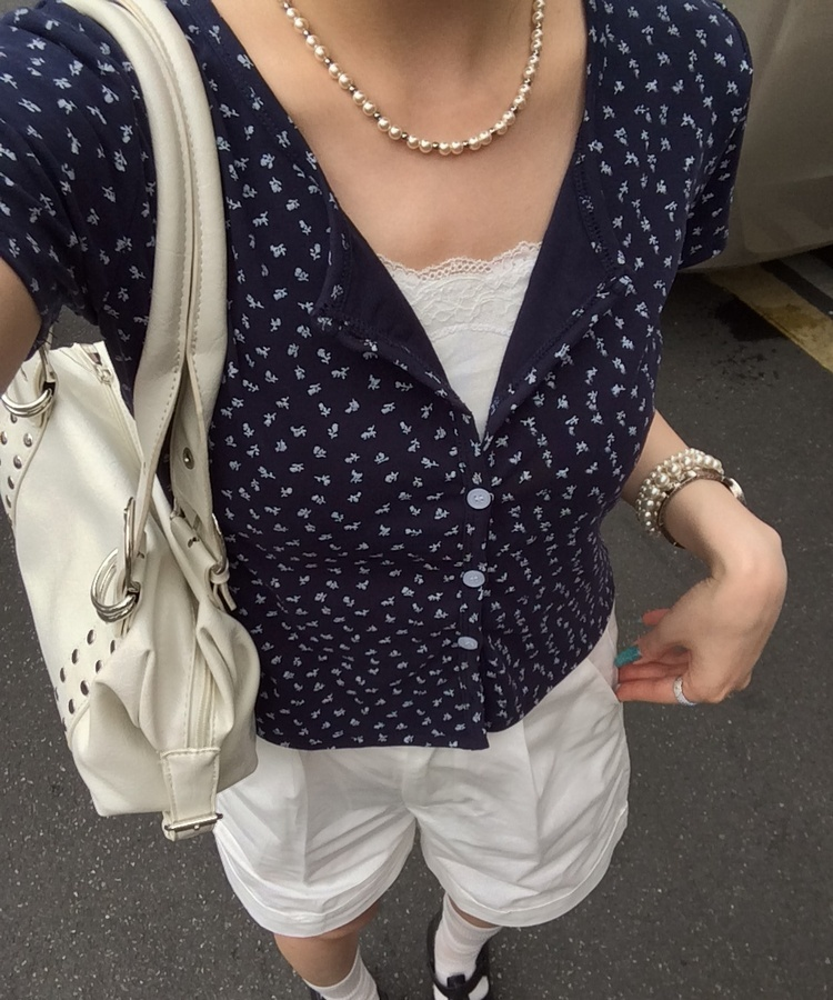 フラワーパターン半袖カーディガン NAVY