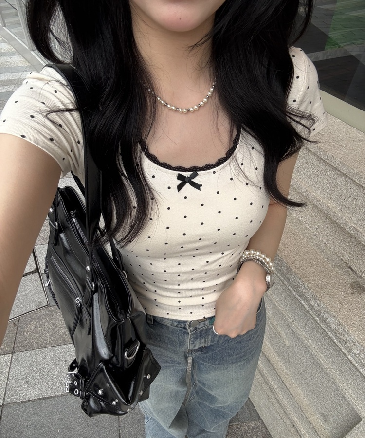 ドットリボンレースTシャツ CREAM