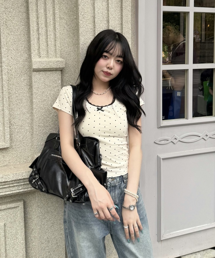 ドットリボンレースTシャツ CREAM