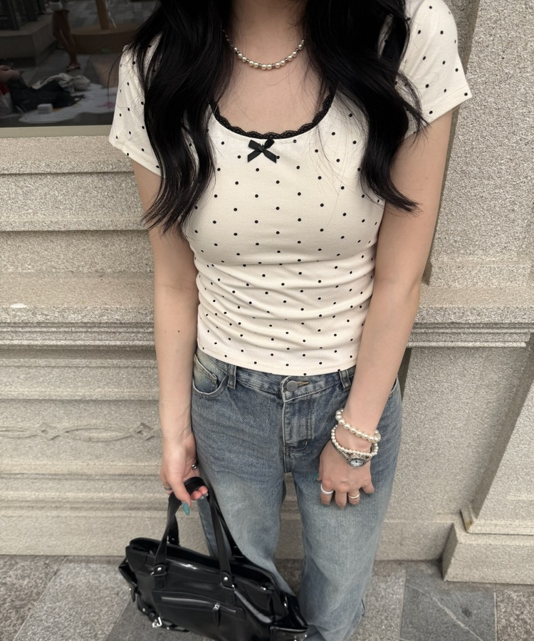 ドットリボンレースTシャツ CREAM