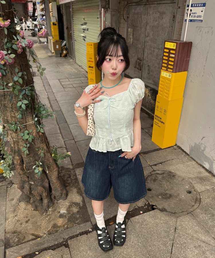 フラワーアイレットブラウス MINT