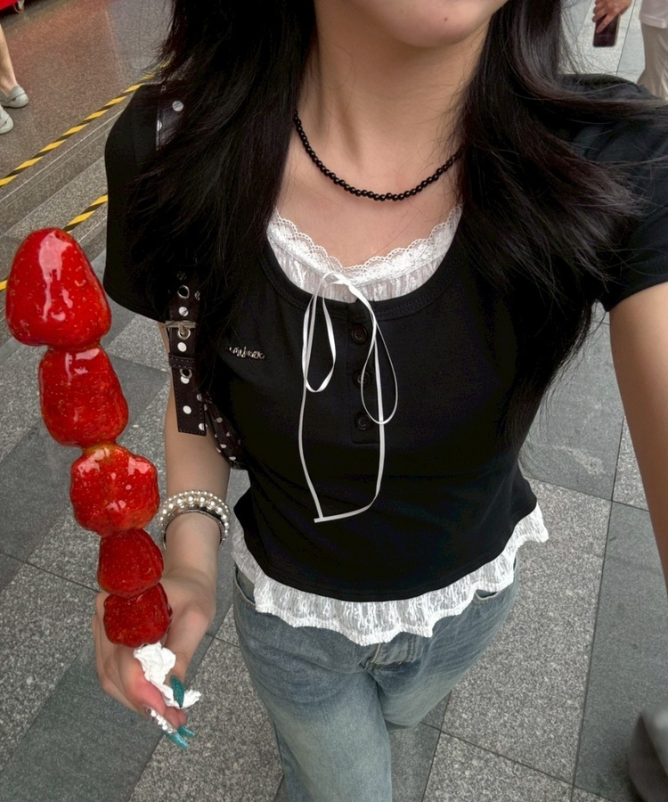 【❤️MADE】レースレイヤードTシャツ BLACK