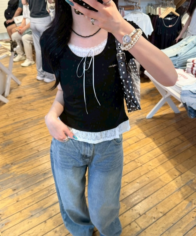 【❤️MADE】レースレイヤードTシャツ BLACK
