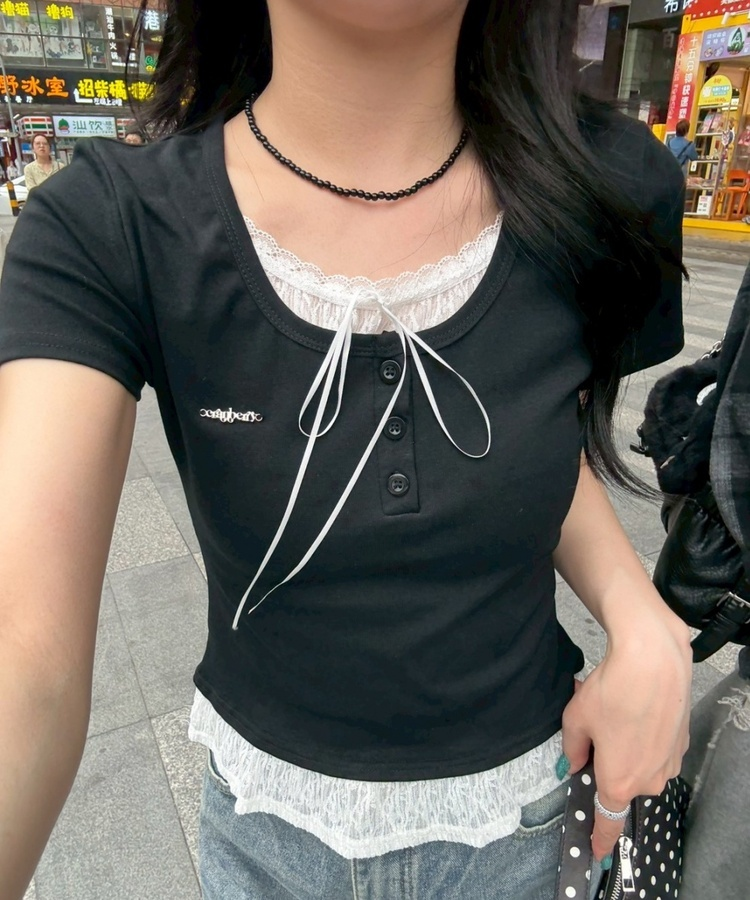 【❤️MADE】レースレイヤードTシャツ BLACK