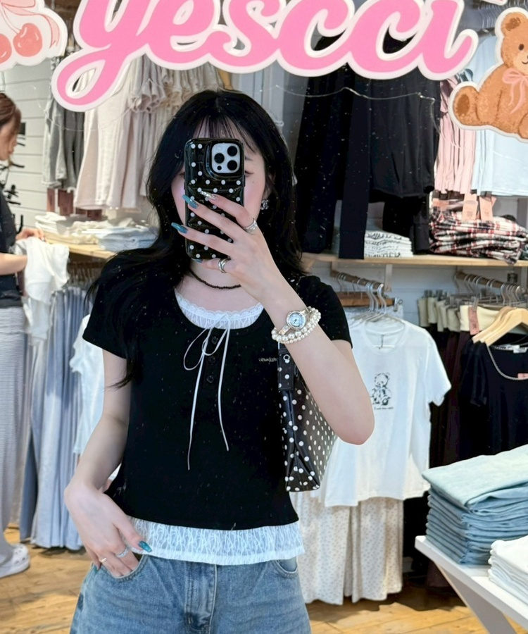 【❤️MADE】レースレイヤードTシャツ BLACK