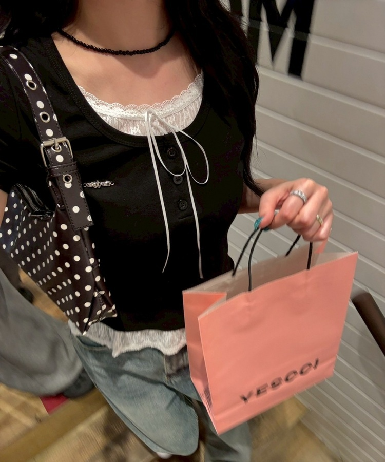 【❤️MADE】レースレイヤードTシャツ BLACK