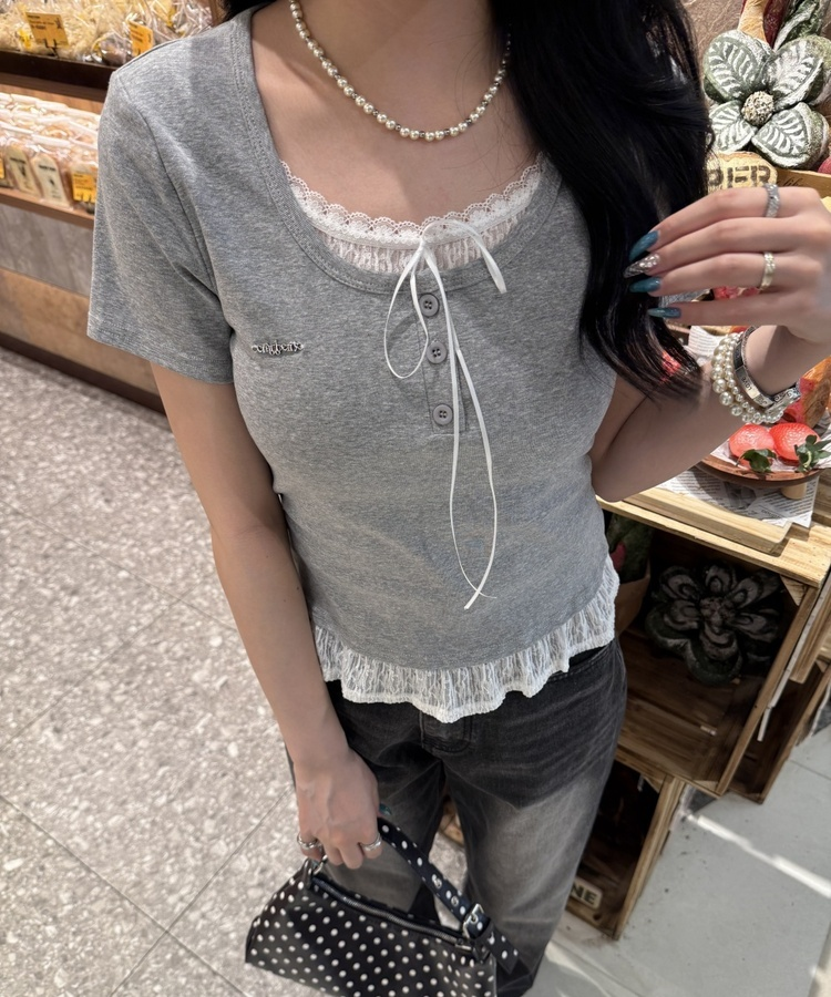 【❤️MADE】レースレイヤードTシャツ GREY