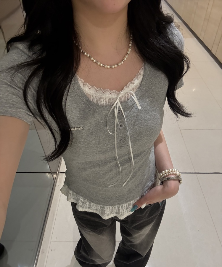 【❤️MADE】レースレイヤードTシャツ GREY