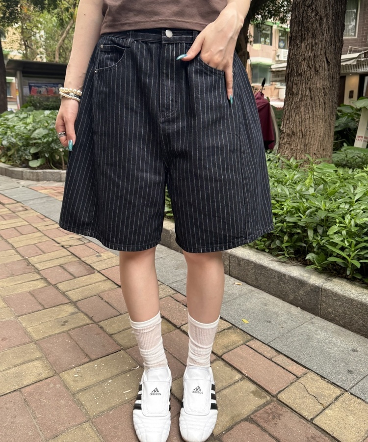 ストライプバミューダパンツ BLACK DENIM