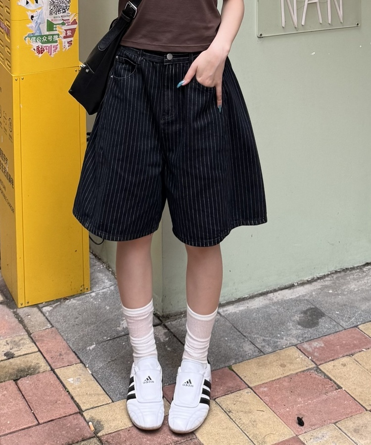 ストライプバミューダパンツ BLACK DENIM