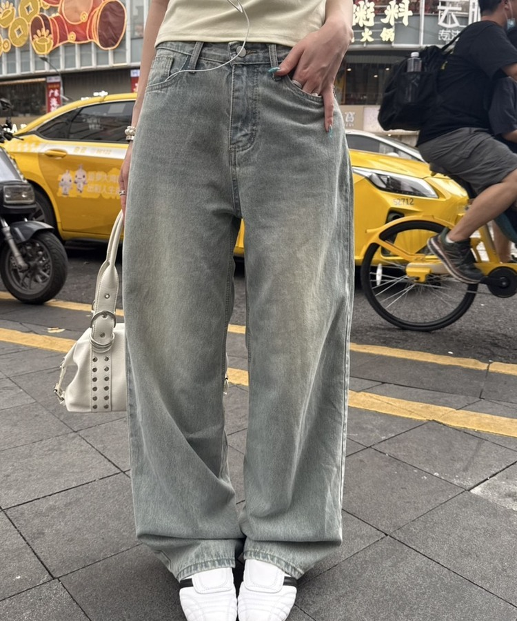【SHORT/LONG丈別】ハイウエストウォッシングワイドデニムパンツ LIGHT BLUE