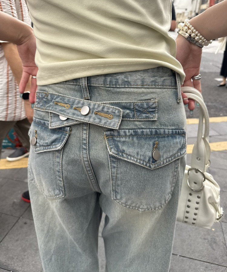 【SHORT/LONG丈別】ハイウエストウォッシングワイドデニムパンツ LIGHT BLUE