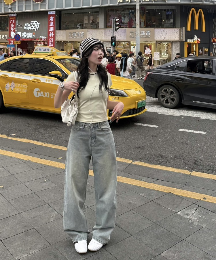 【SHORT/LONG丈別】ハイウエストウォッシングワイドデニムパンツ LIGHT BLUE