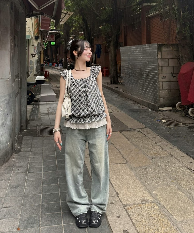 【SHORT/LONG丈別】ハイウエストウォッシングワイドデニムパンツ LIGHT BLUE