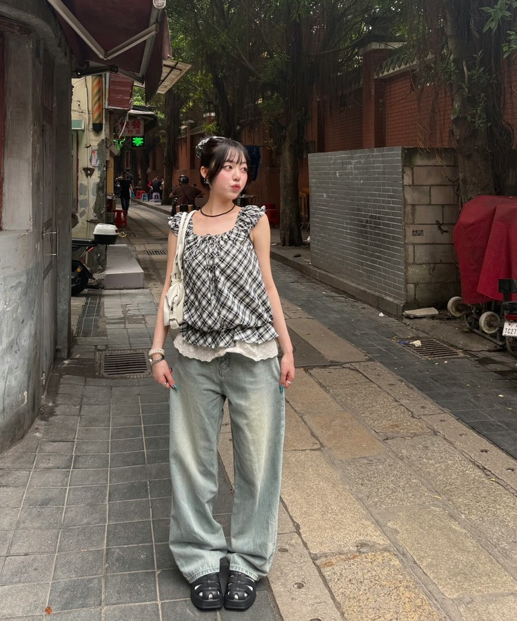 【SHORT/LONG丈別】ハイウエストウォッシングワイドデニムパンツ LIGHT BLUE