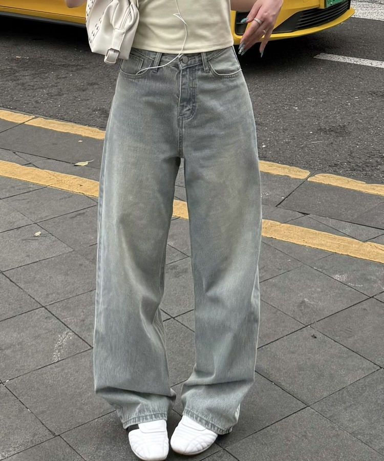 【SHORT/LONG丈別】ハイウエストウォッシングワイドデニムパンツ LIGHT BLUE