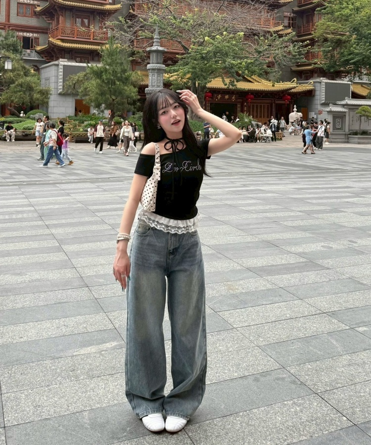 【SHORT/LONG丈別】ハイウエストウォッシングワイドデニムパンツ MID BLUE