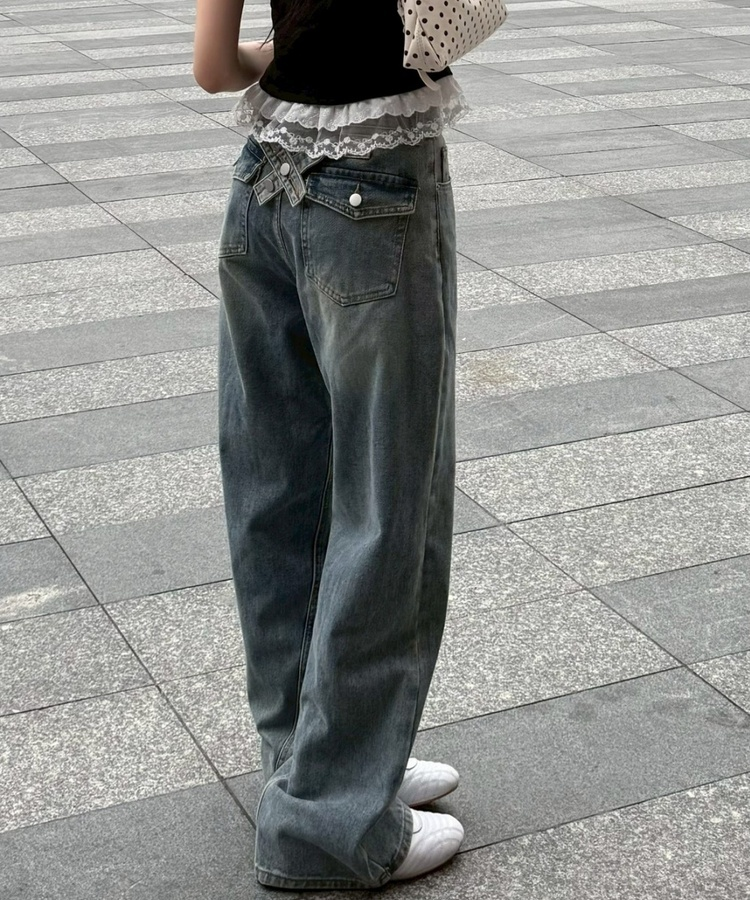 【SHORT/LONG丈別】ハイウエストウォッシングワイドデニムパンツ MID BLUE