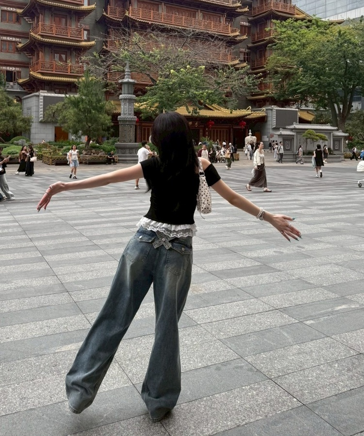 【SHORT/LONG丈別】ハイウエストウォッシングワイドデニムパンツ MID BLUE