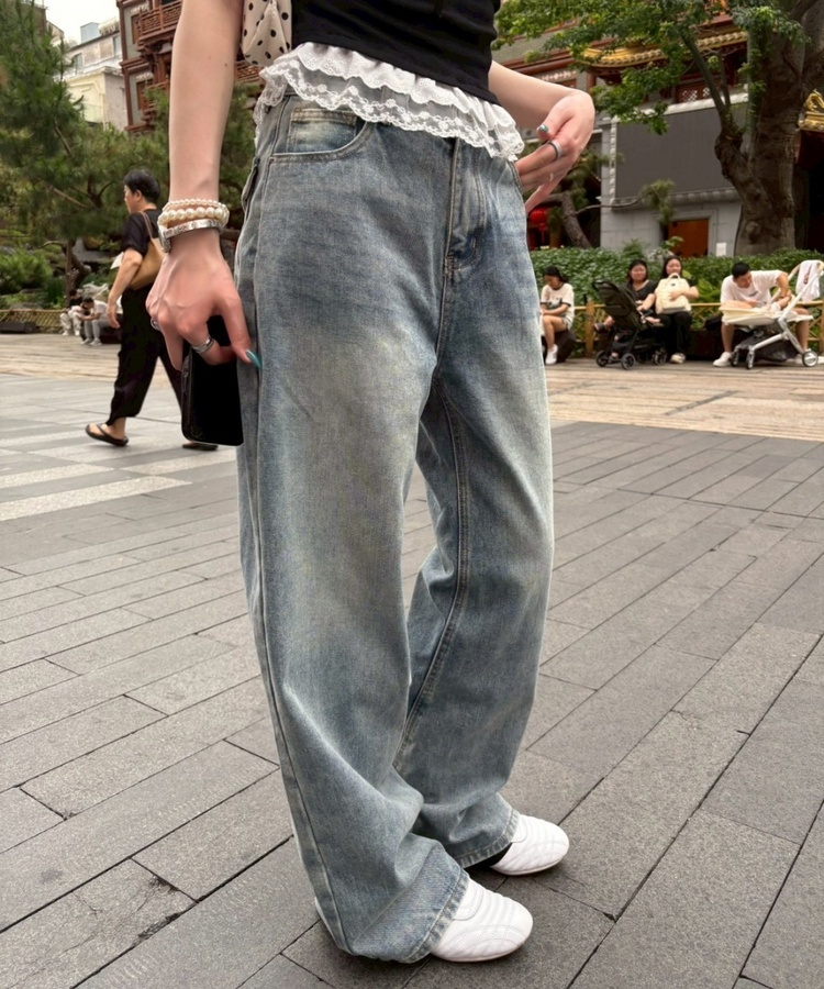 【SHORT/LONG丈別】ハイウエストウォッシングワイドデニムパンツ MID BLUE