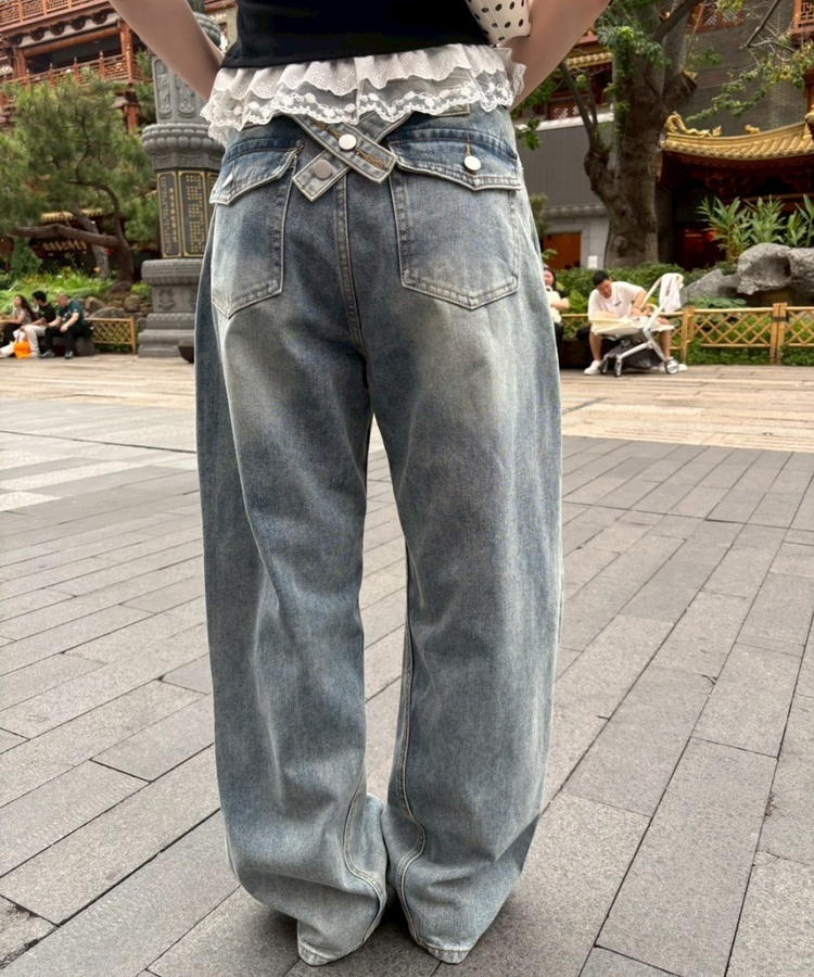 【SHORT/LONG丈別】ハイウエストウォッシングワイドデニムパンツ MID BLUE