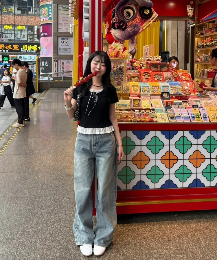 【SHORT/LONG丈別】ハイウエストウォッシングワイドデニムパンツ MID BLUE