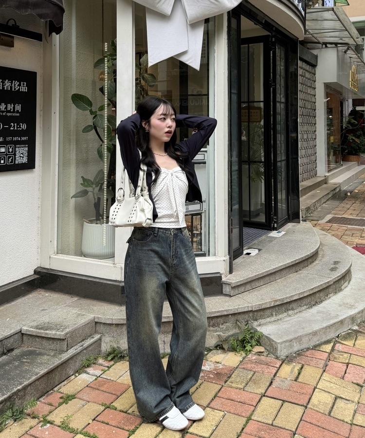 【SHORT/LONG丈別】ハイウエストウォッシングワイドデニムパンツ DEEP BLUE