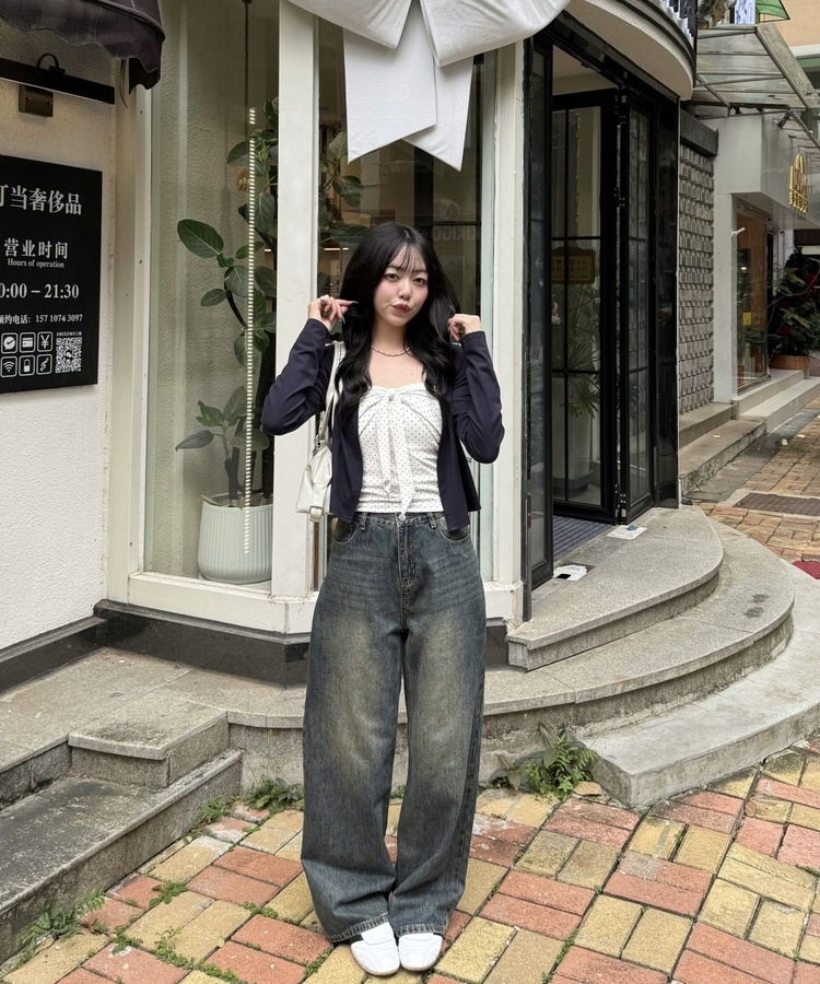 【SHORT/LONG丈別】ハイウエストウォッシングワイドデニムパンツ DEEP BLUE