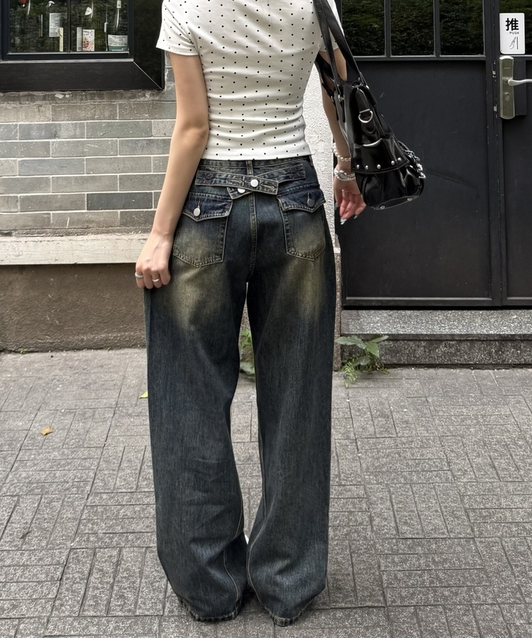 【SHORT/LONG丈別】ハイウエストウォッシングワイドデニムパンツ DEEP BLUE