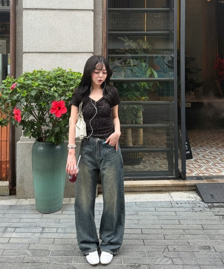 【SHORT/LONG丈別】ハイウエストウォッシングワイドデニムパンツ DEEP BLUE