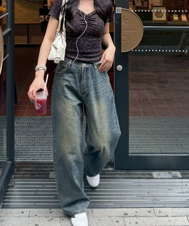 【SHORT/LONG丈別】ハイウエストウォッシングワイドデニムパンツ DEEP BLUE