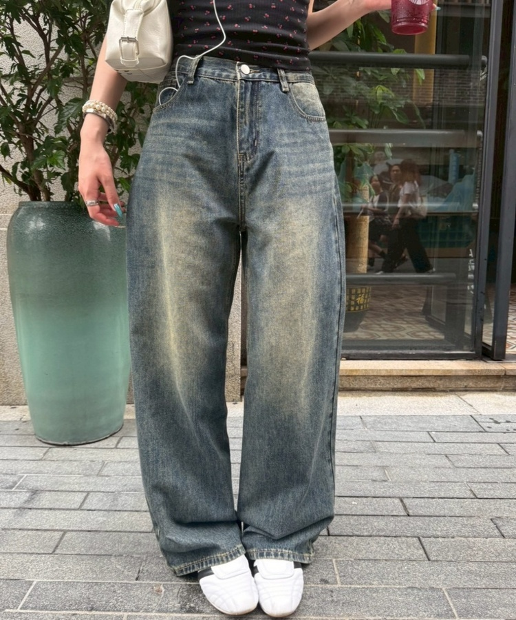 【SHORT/LONG丈別】ハイウエストウォッシングワイドデニムパンツ DEEP BLUE