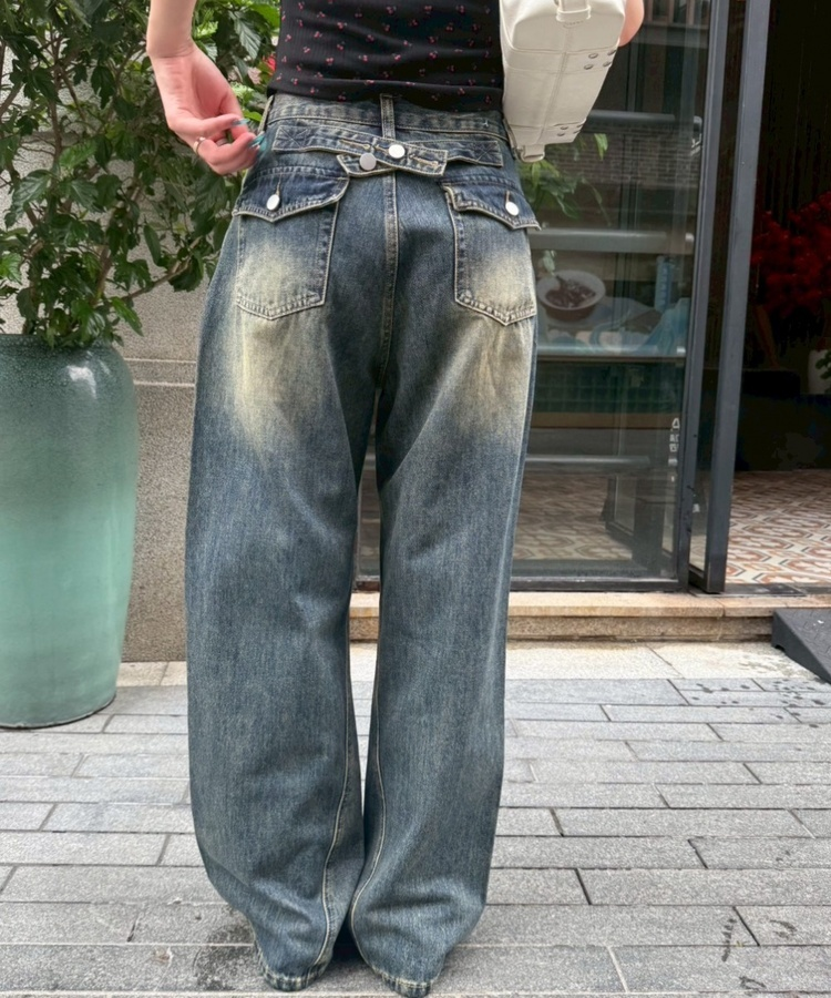 【SHORT/LONG丈別】ハイウエストウォッシングワイドデニムパンツ DEEP BLUE