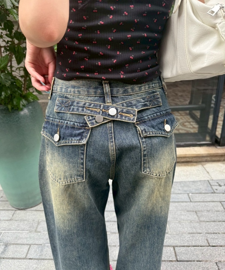 【SHORT/LONG丈別】ハイウエストウォッシングワイドデニムパンツ DEEP BLUE