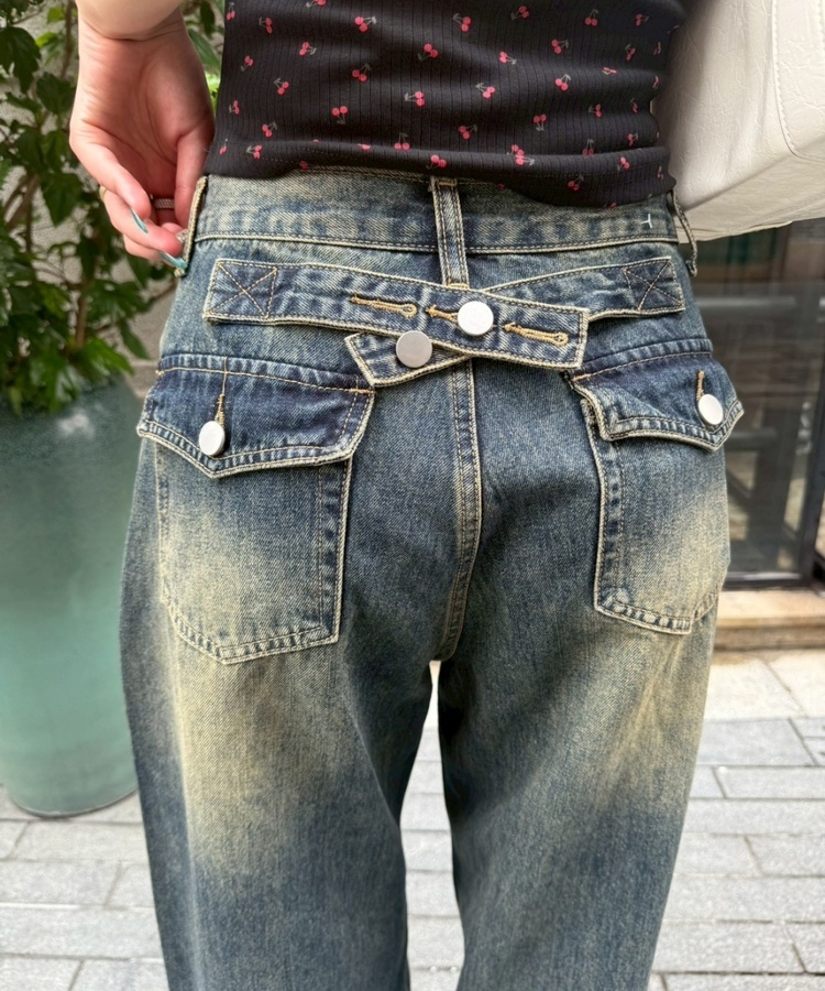 【SHORT/LONG丈別】ハイウエストウォッシングワイドデニムパンツ DEEP BLUE