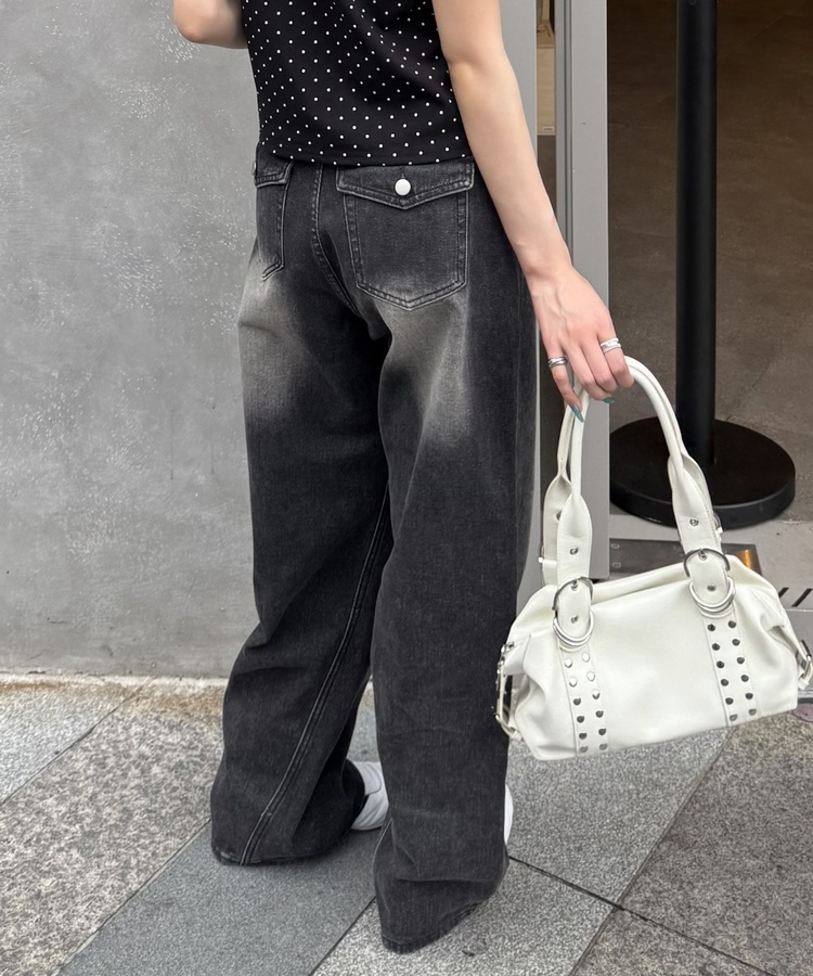 【SHORT/LONG丈別】ハイウエストウォッシングワイドデニムパンツ BLACK
