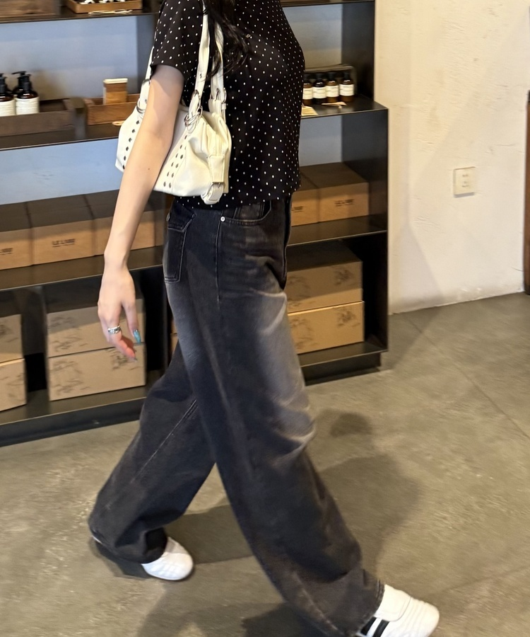 【SHORT/LONG丈別】ハイウエストウォッシングワイドデニムパンツ BLACK