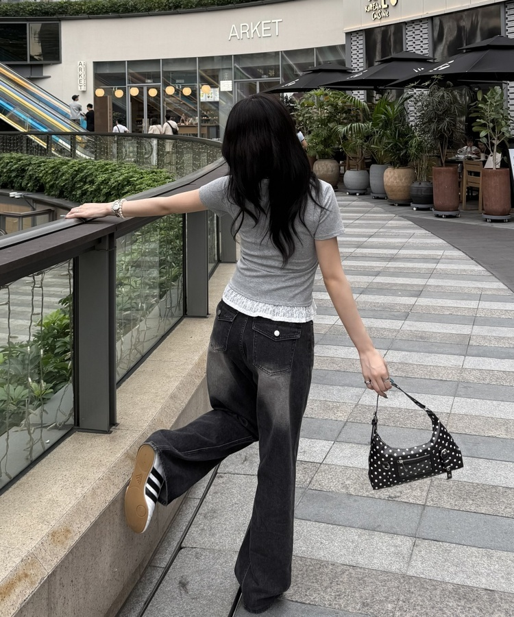 【SHORT/LONG丈別】ハイウエストウォッシングワイドデニムパンツ BLACK