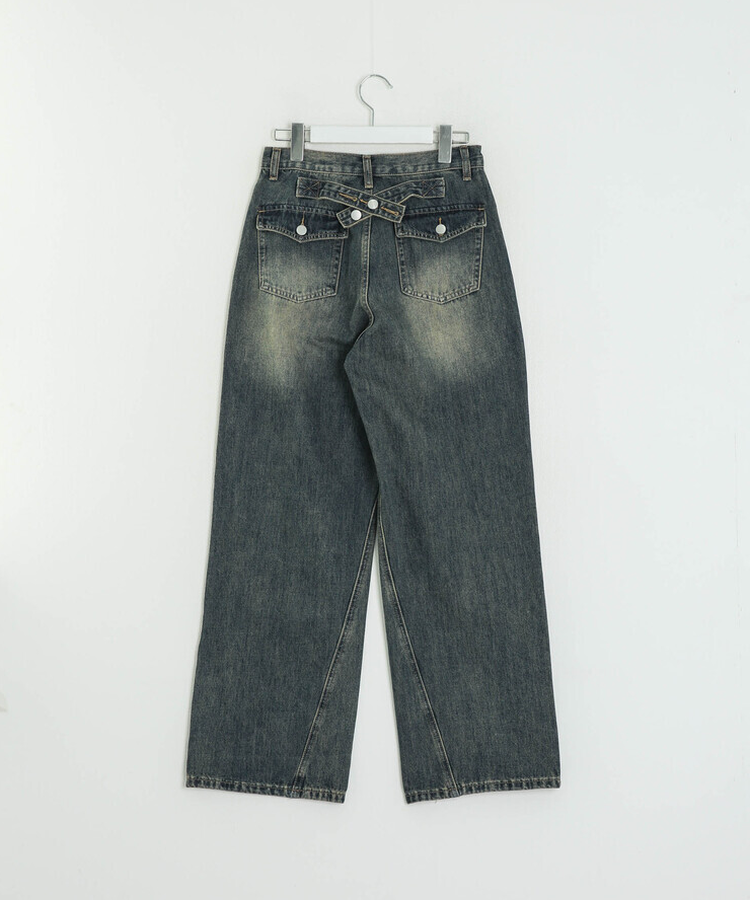 【SHORT/LONG丈別】ハイウエストウォッシングワイドデニムパンツ