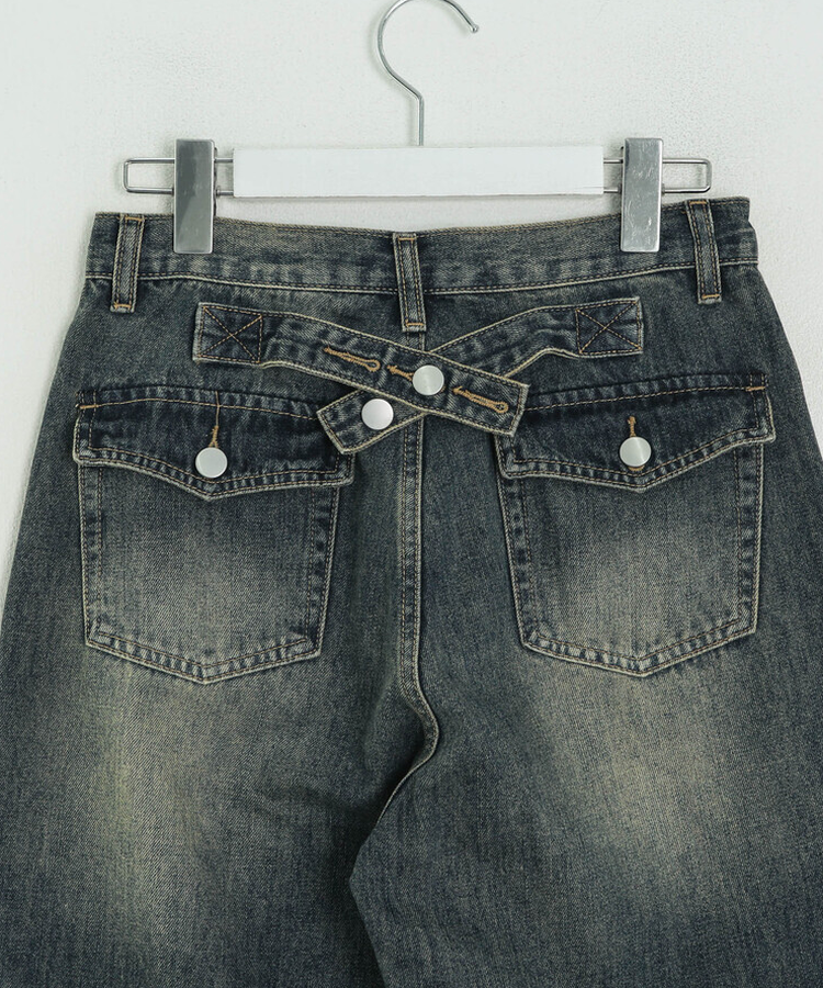 【SHORT/LONG丈別】ハイウエストウォッシングワイドデニムパンツ