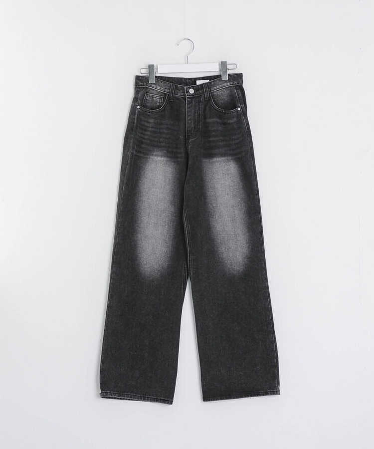 【SHORT/LONG丈別】ハイウエストウォッシングワイドデニムパンツ