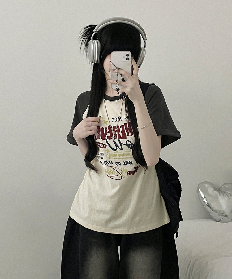 페이지배색나그랑프린팅박스핏반팔티셔츠 차콜