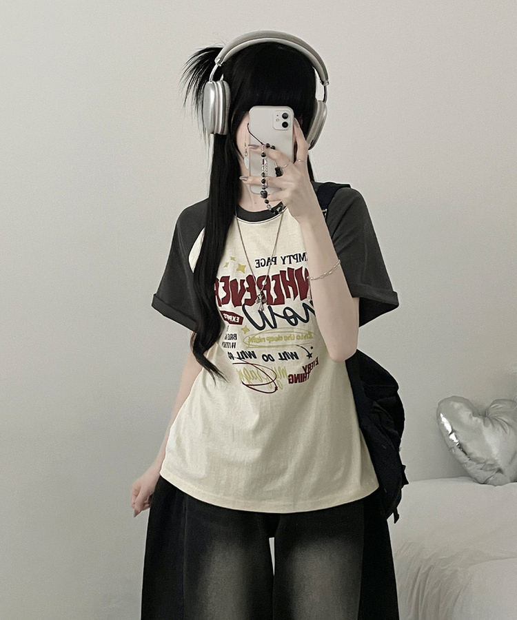 페이지배색나그랑프린팅박스핏반팔티셔츠 차콜