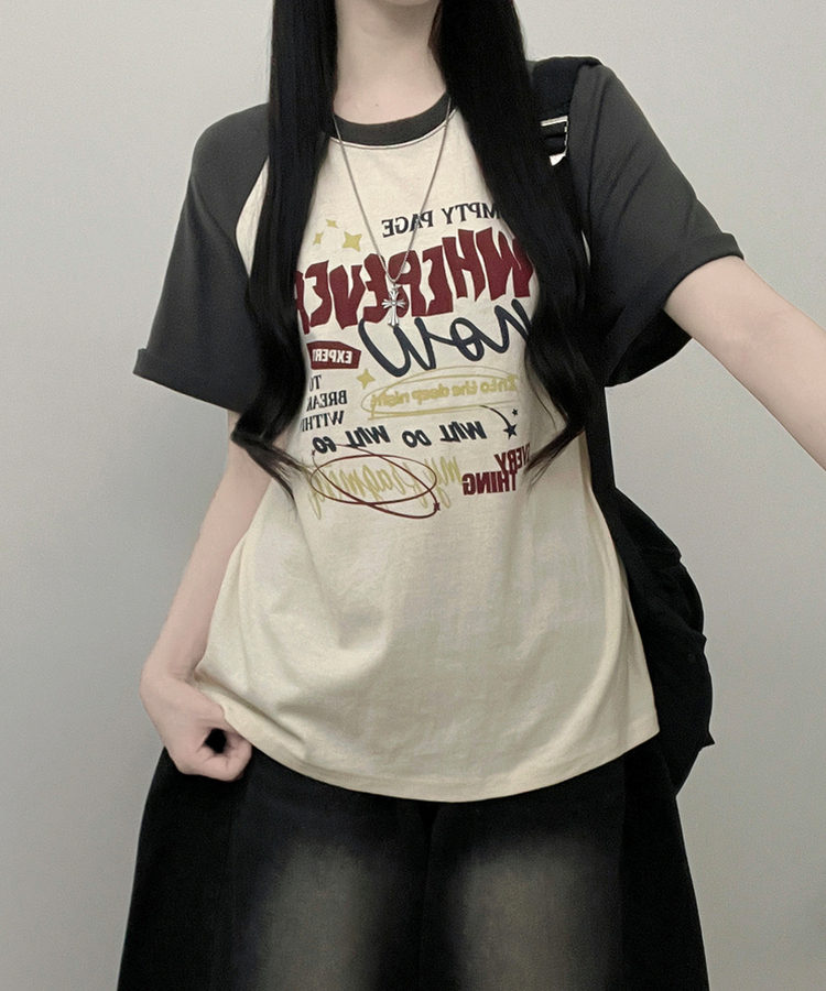 페이지배색나그랑프린팅박스핏반팔티셔츠 차콜